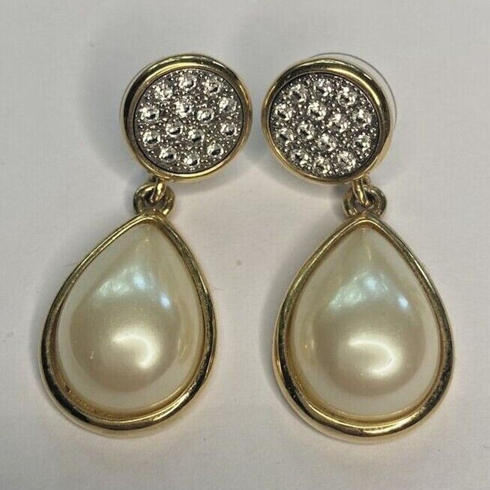 Vintage Monet Gold Tone Faux Pearl & Rhinestone Dangle Drop Earrings PB78